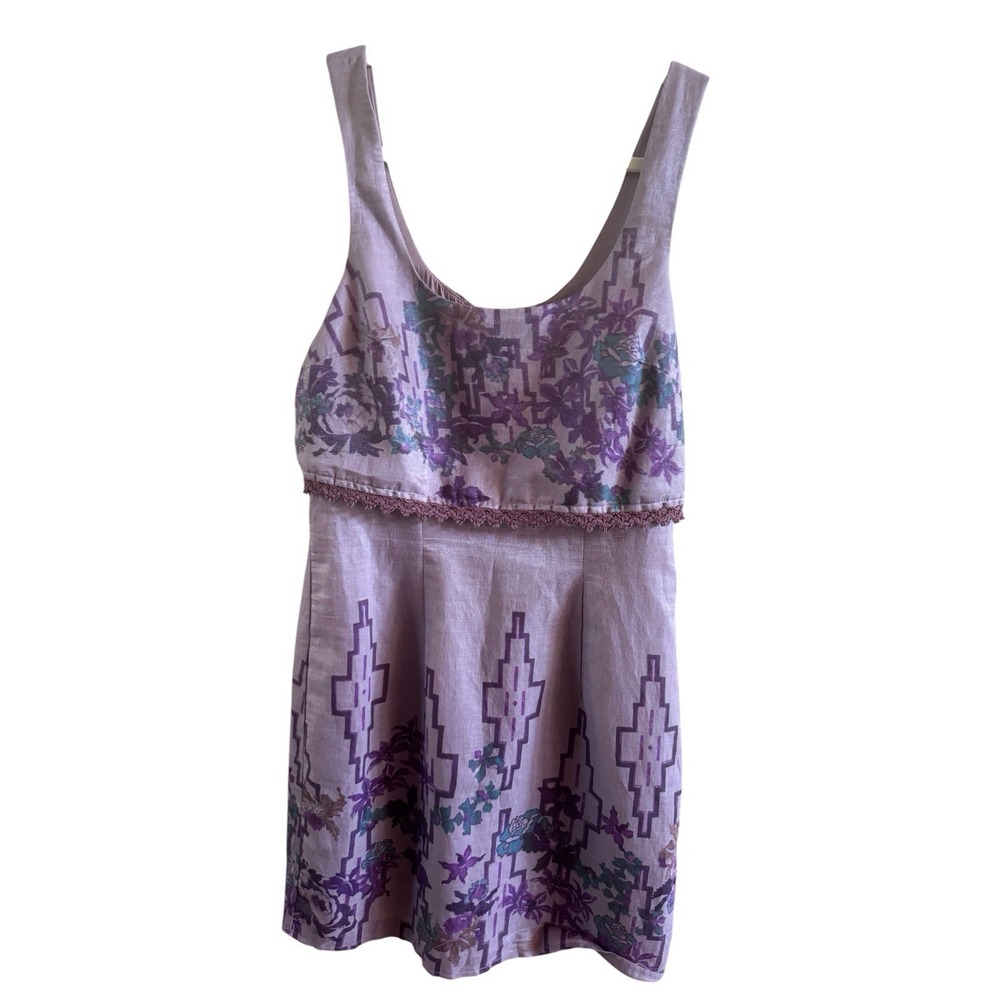 Free People Big Bang Mini Dress Size 0 Lavender Aztec Floral Print Shimmer Lace